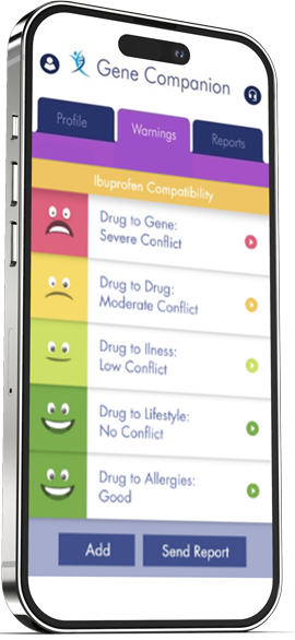 Gene Companion App - WARNINGS! tab view displaying Drug interaction warnings to Gene, other drugs, Illness, Lifestyle, Allergies