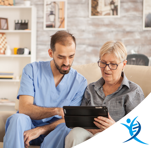 Gene Companion App - Healthcare privider and Patient looking at app on tablet